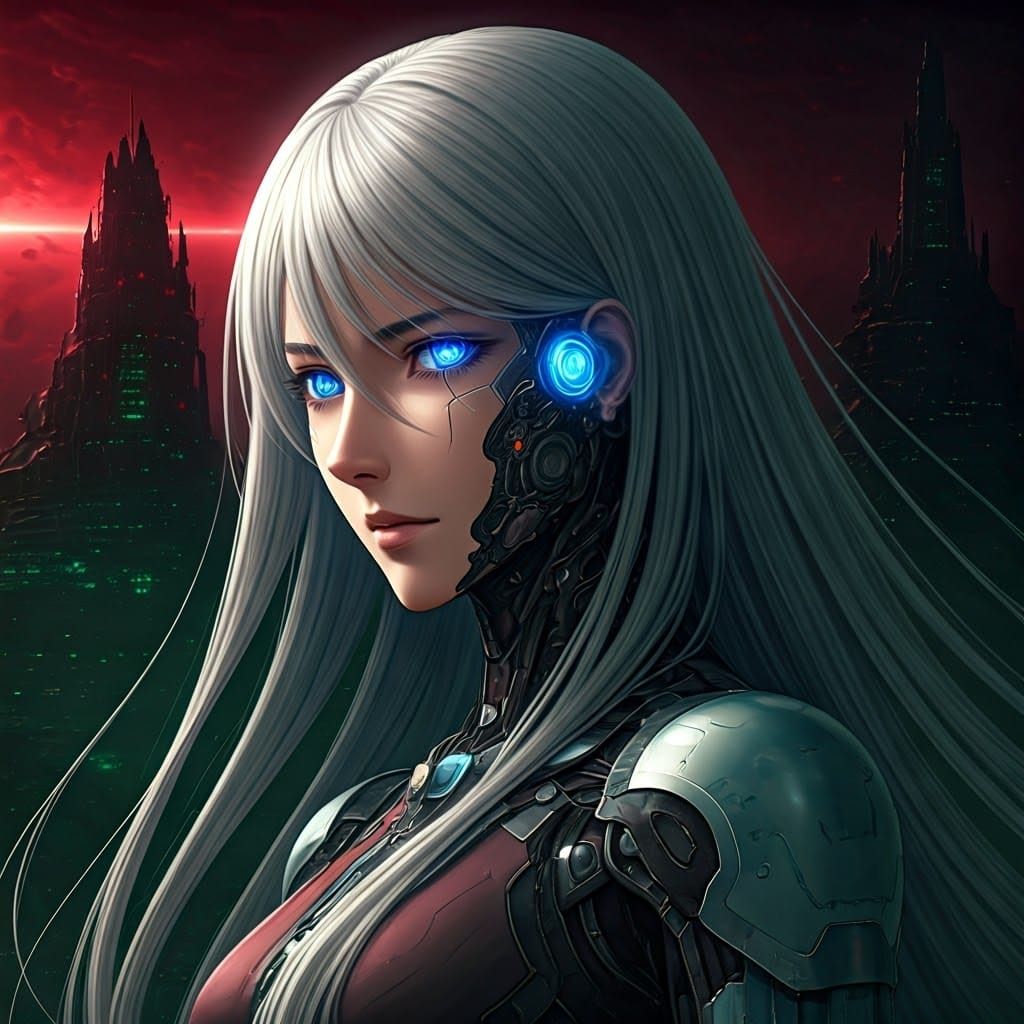 Cybernetic Mechahuman with Crimson Death Star, Anime Style