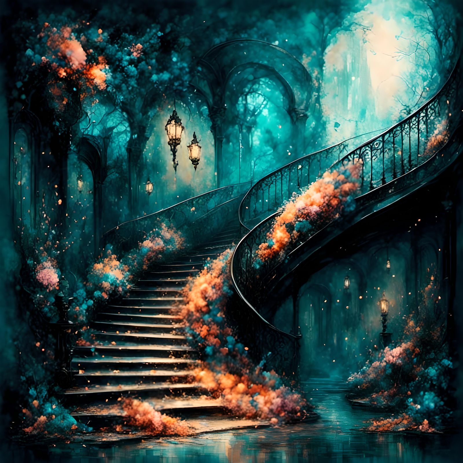 Feathered Staircase: Analog Horror in Teal and Pink