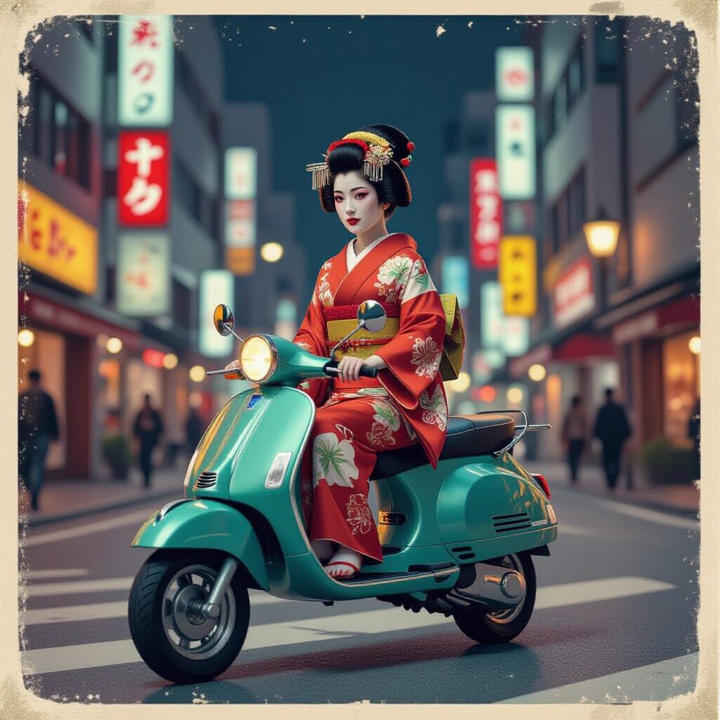 Surreal Geisha Vespa Ride Through Neon Tokyo