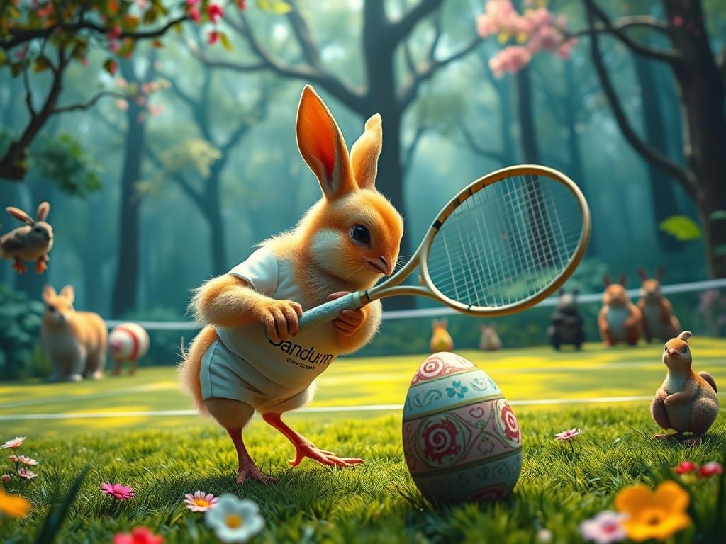 Chick and Bunny Play Tennis in Mystical Forest