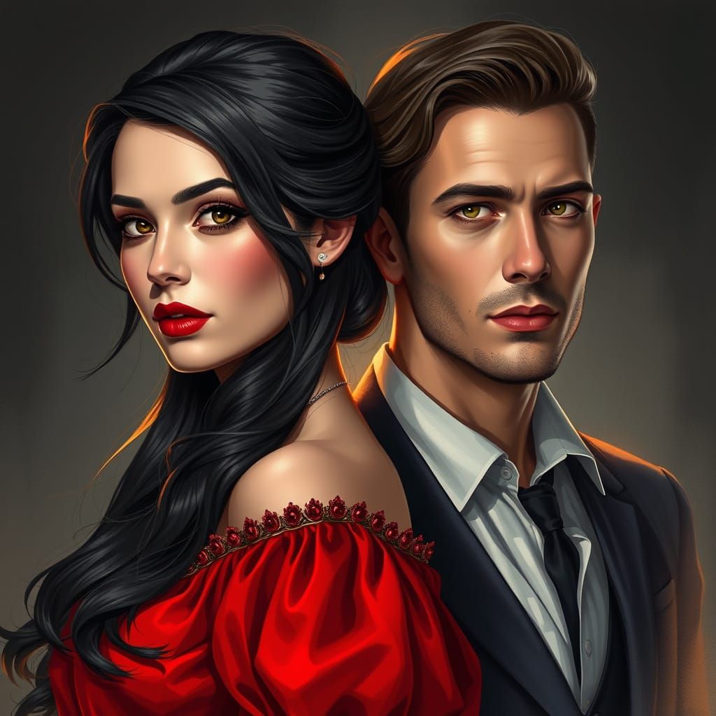 Elegant Woman in Red Dress Kissing Man, Hyperdetailed Portra...