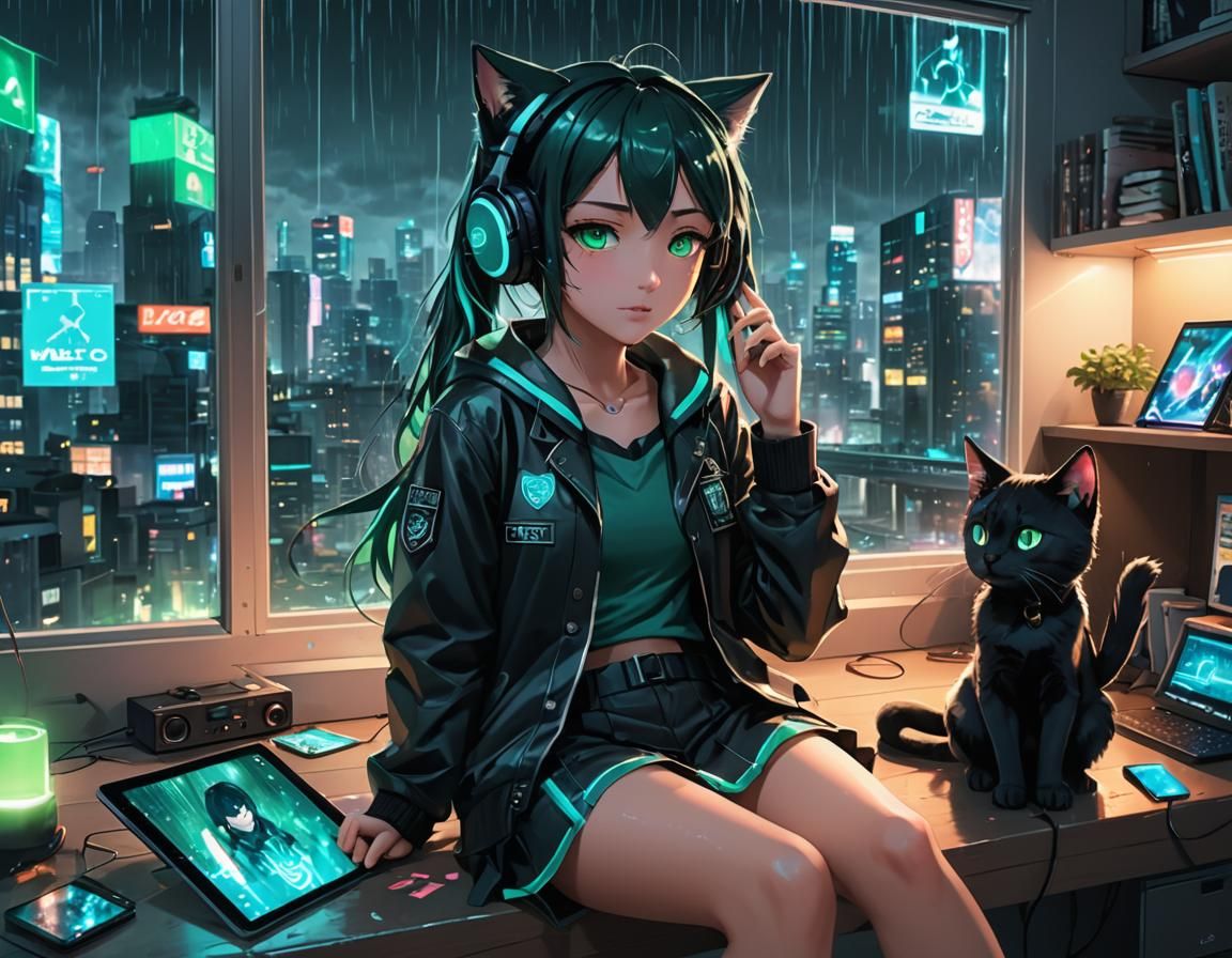 Cozy Cyberpunk Girl in Rainy Room