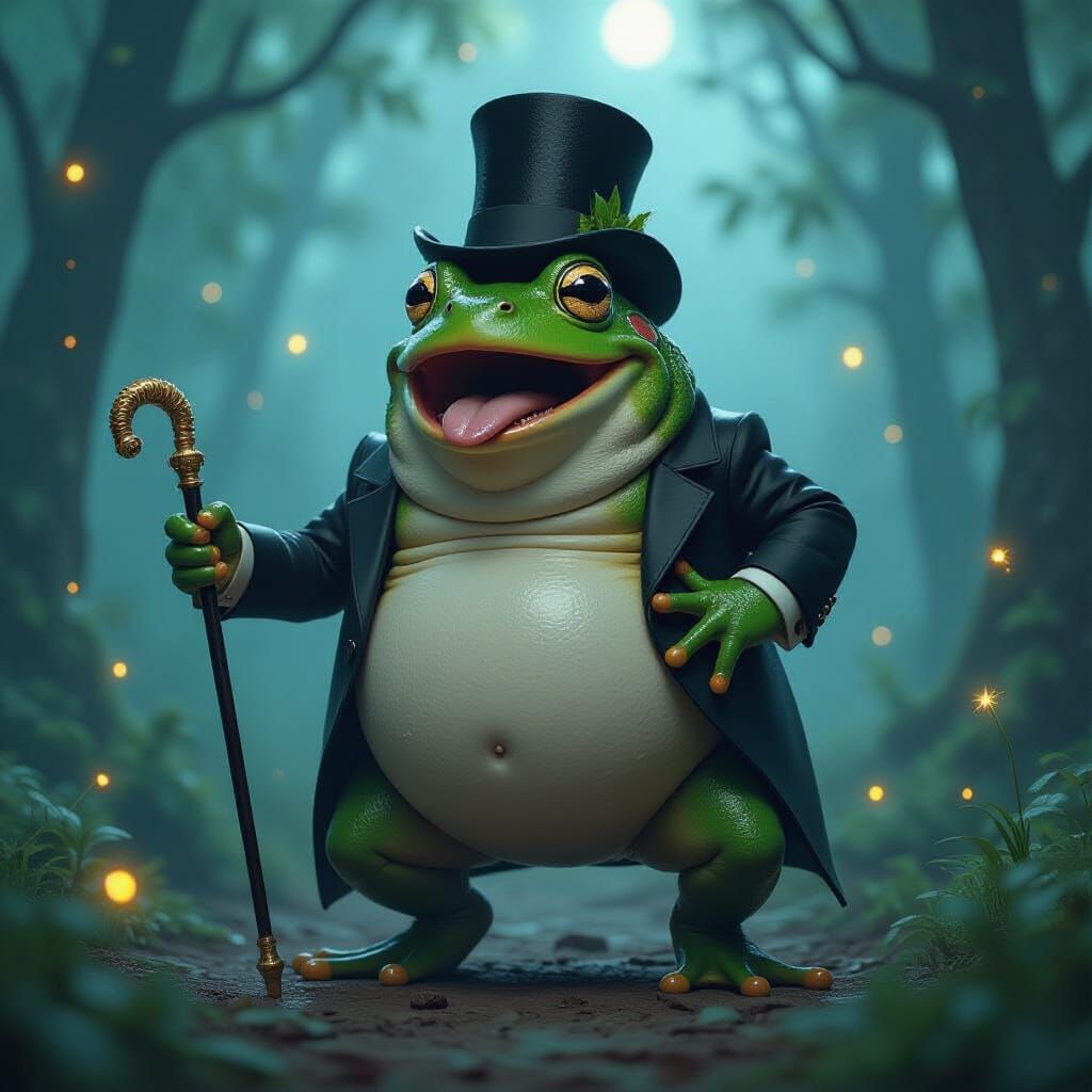 Green Frog Burlesque in Misty Forest, Hyperrealistic Style