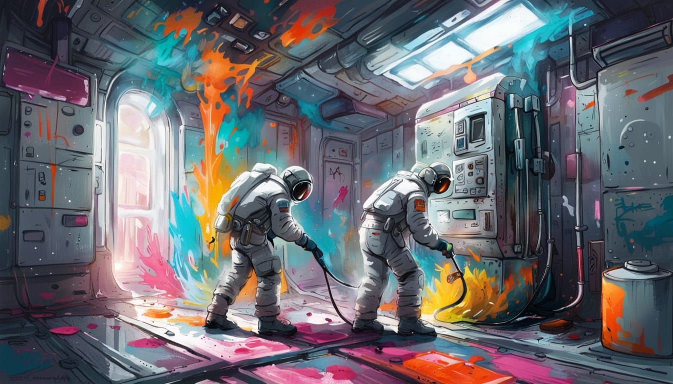 Man Cleaning Space Station in Graffiti Art Style