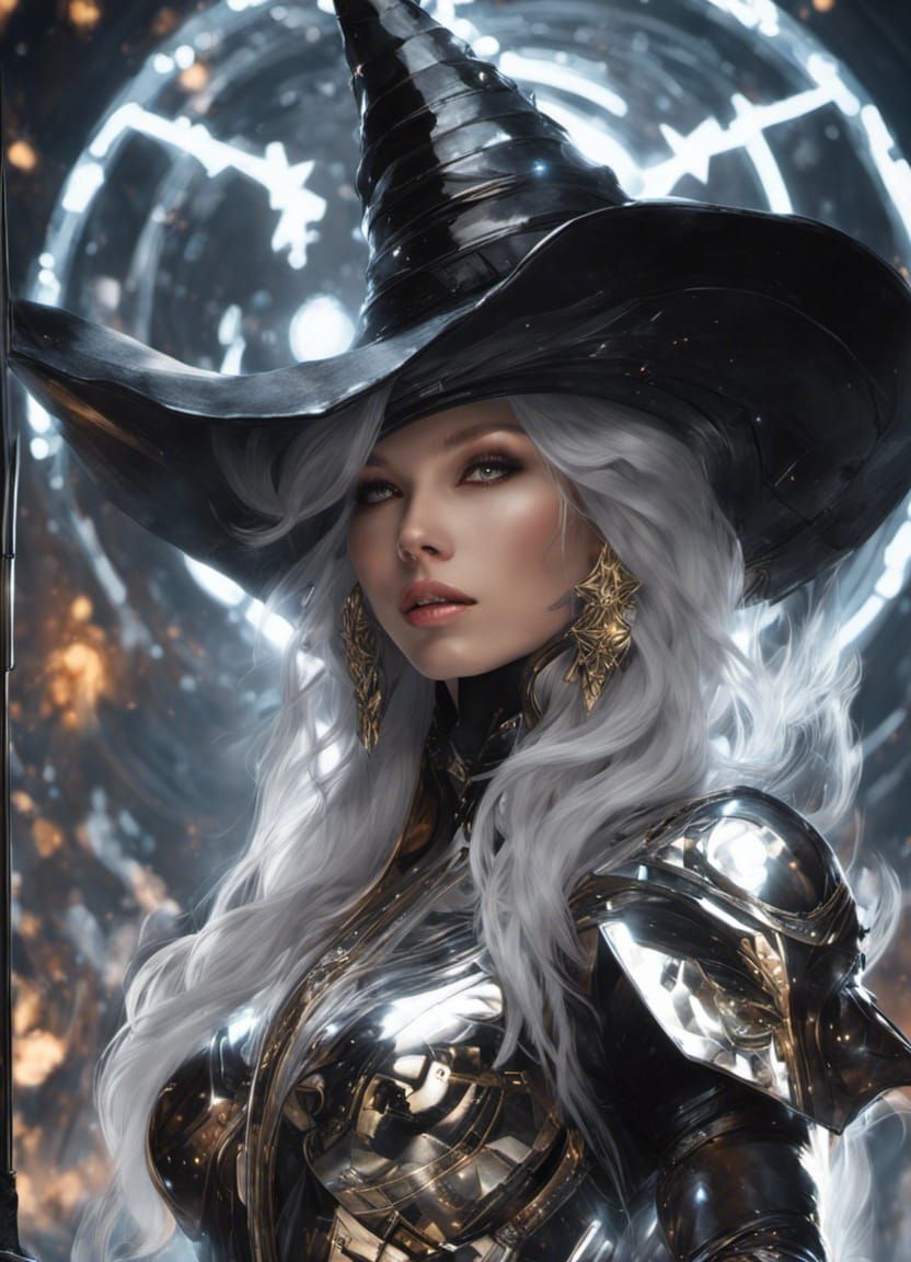 Futuristic Witch Stargazing in Platinum Armor