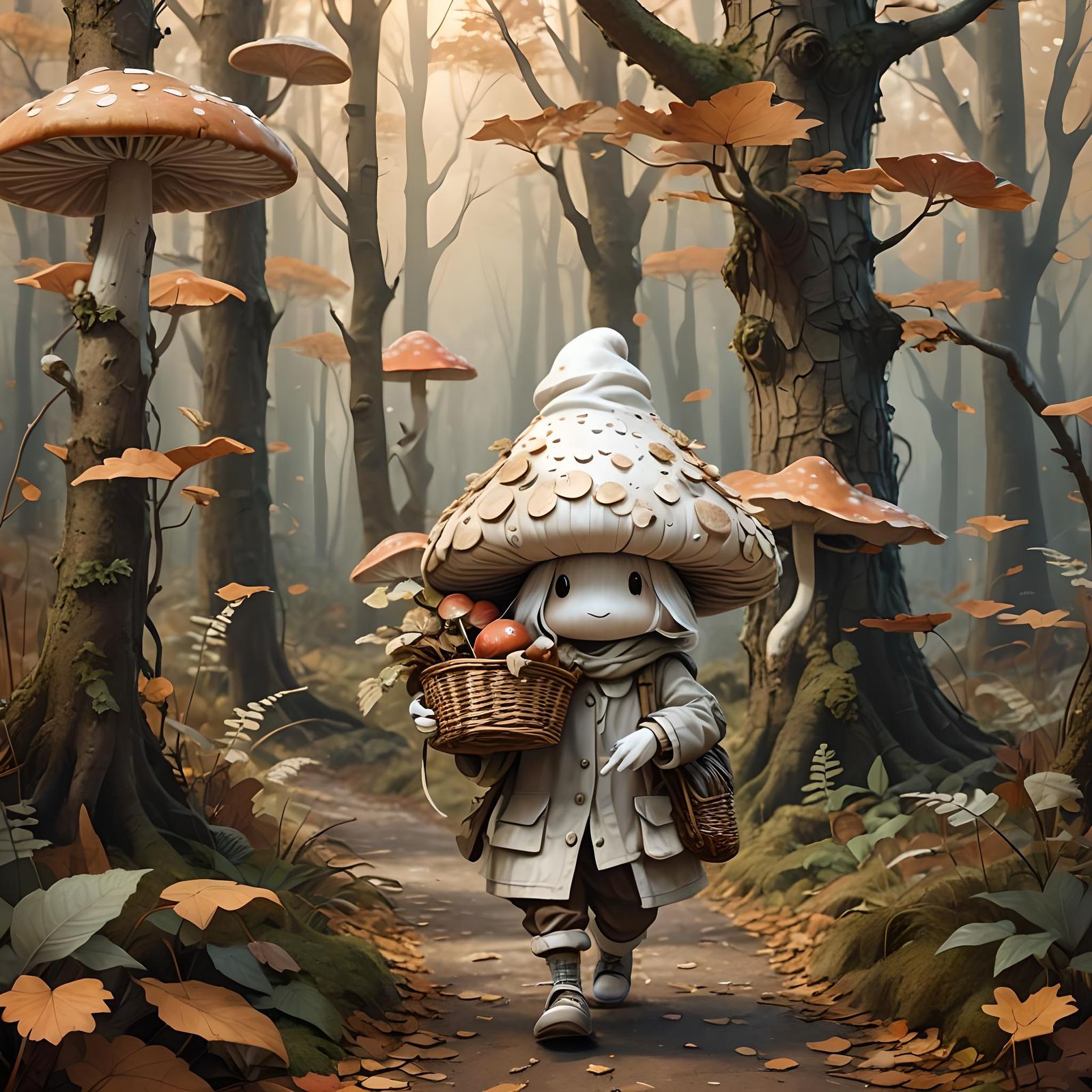 Mushroom Creature Walks in Autumn Forest: Digital Art