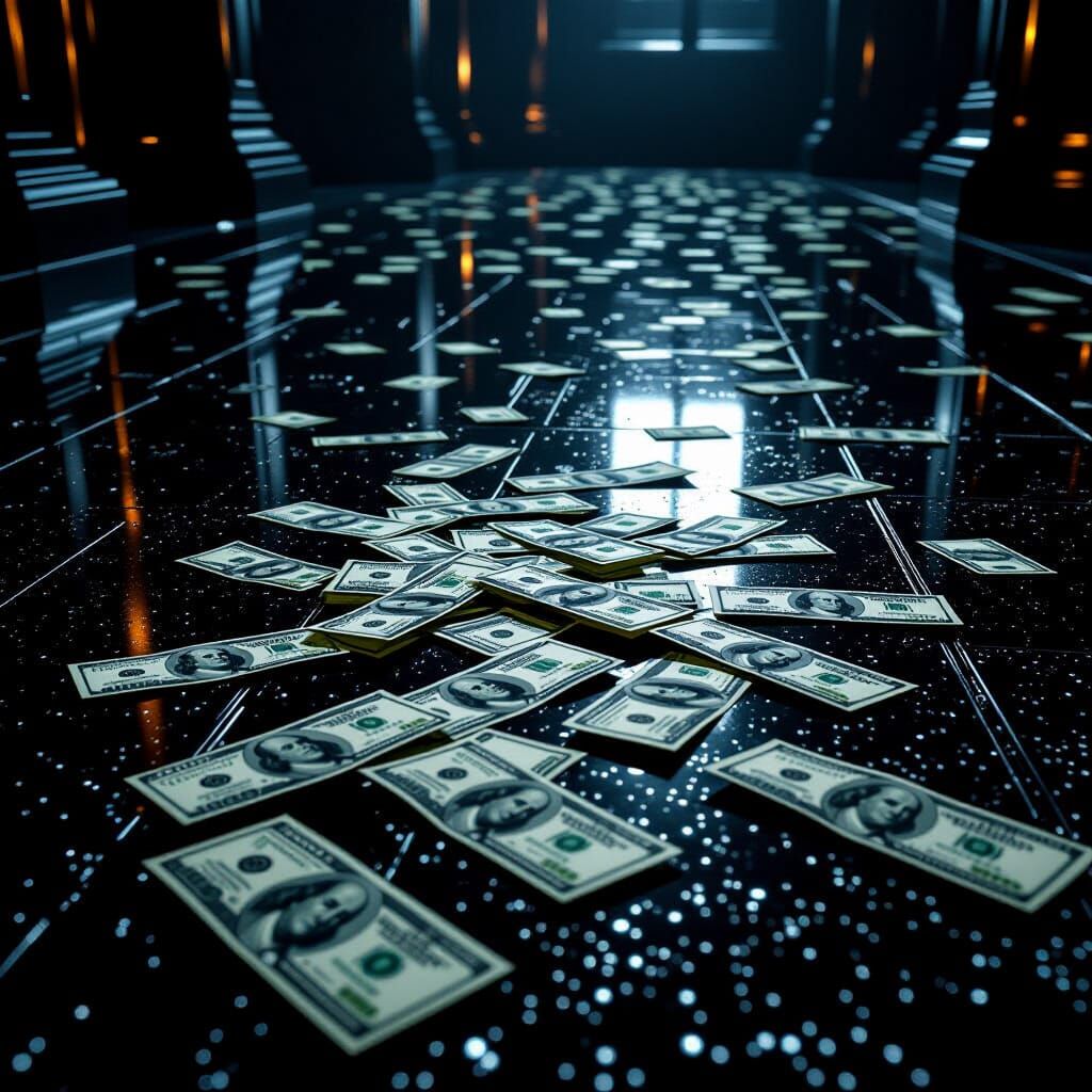 Money Scattered on Black Floor in 8k