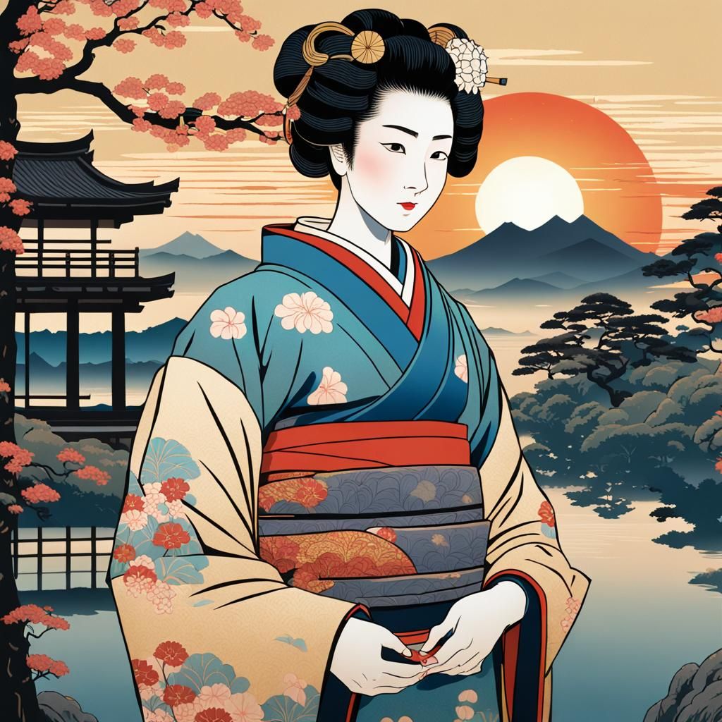Geisha in Kimono: Ukiyo-e Woodblock Print