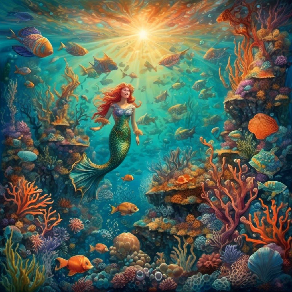 Underwater Scene: King Titan and Ariel in Oil Painting