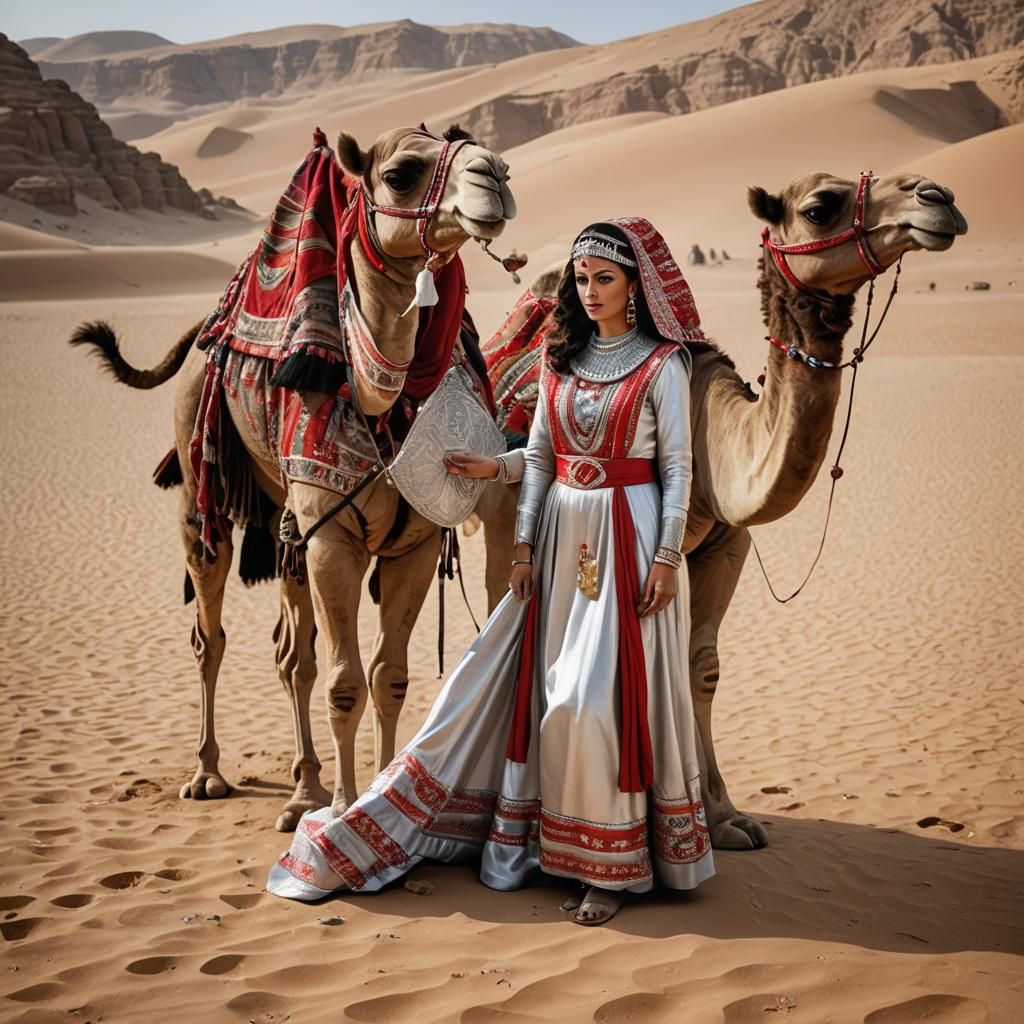 Egyptian Lady and Camel in the Desert