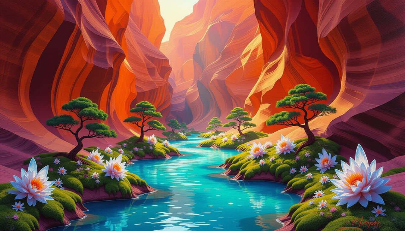 Surreal Antelope Canyon Vista with Mossy Bonsai and Blue Riv...