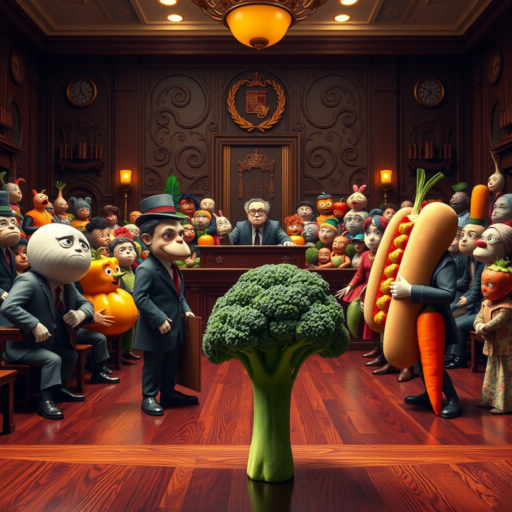 Anthropomorphic Foods in Courtroom Scene: Fantasy Matte Pain...