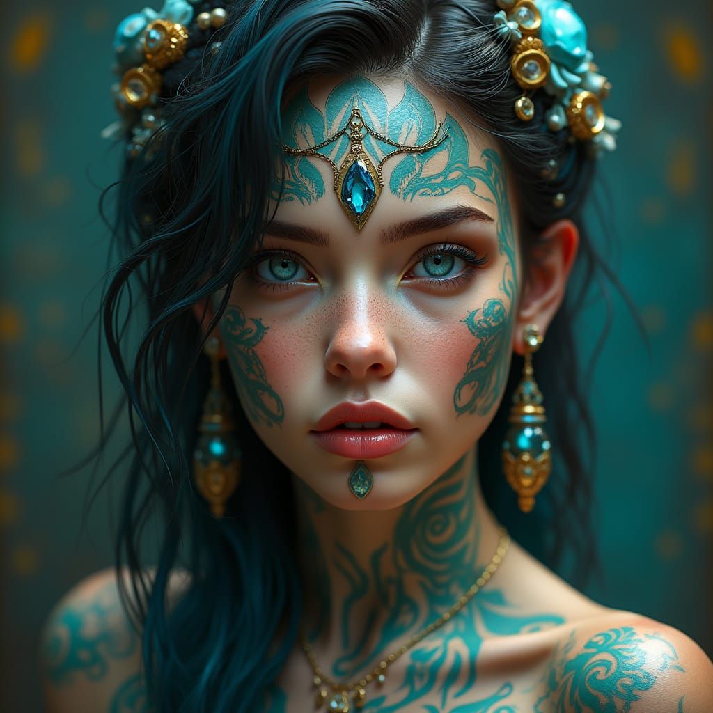 Woman with Turquoise Tribal Tattoos: Hyper-Realistic Portrai...