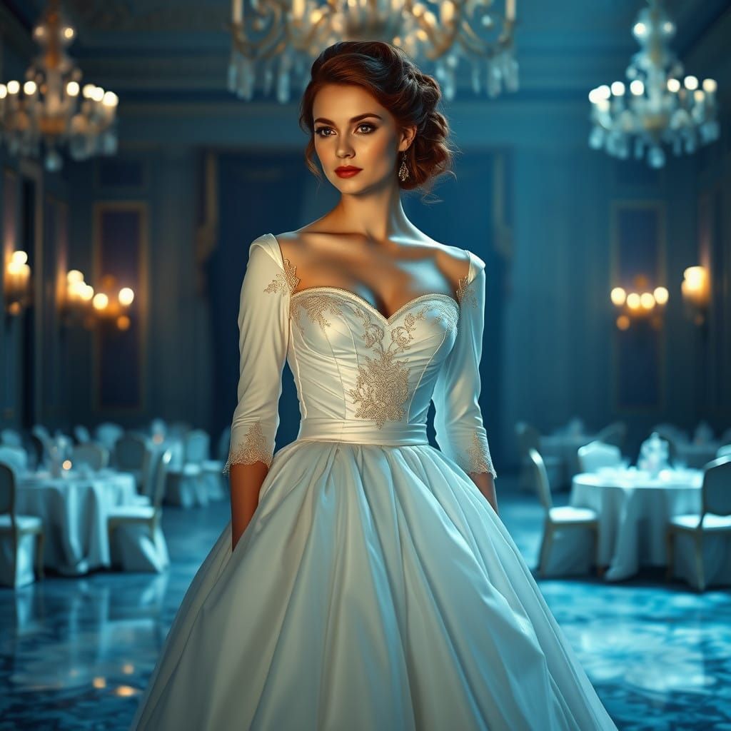 Elegant Woman in Porcelain-Like Gown, Grand Ballroom Aesthet...