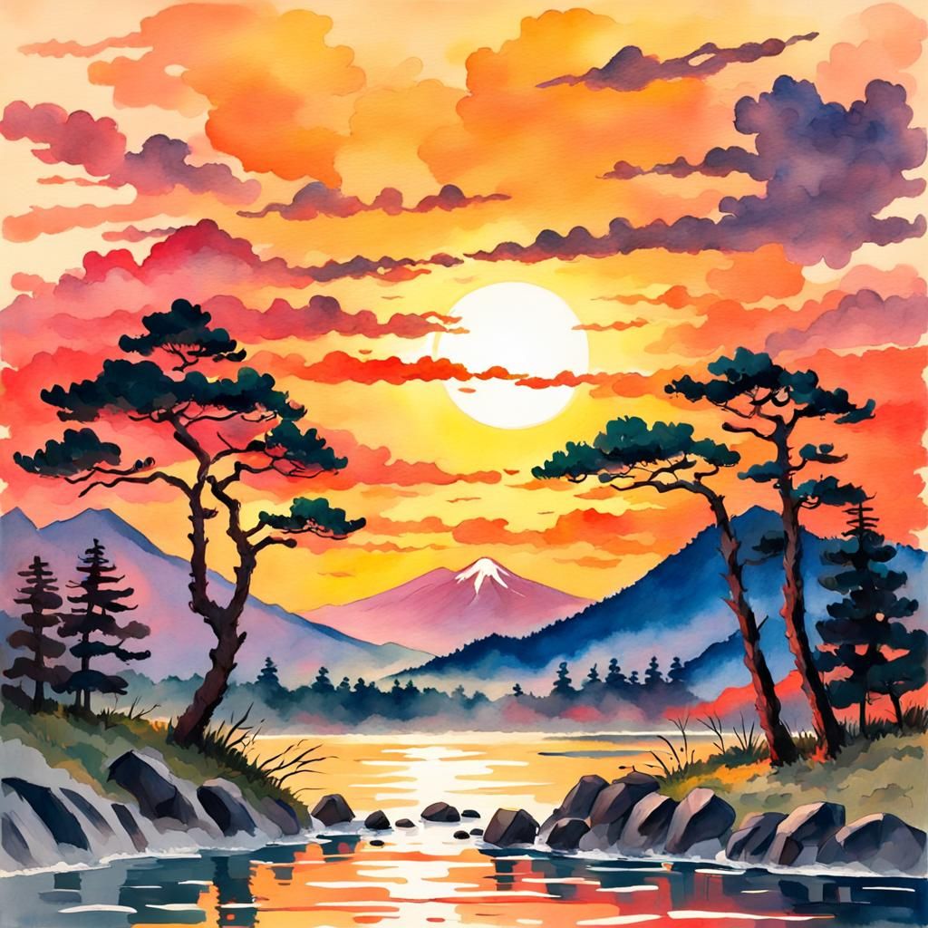 Japanese Sunset in Gouache Watercolor Style