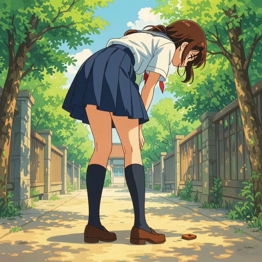 Anime Girl Picking Something Up in 2D Style