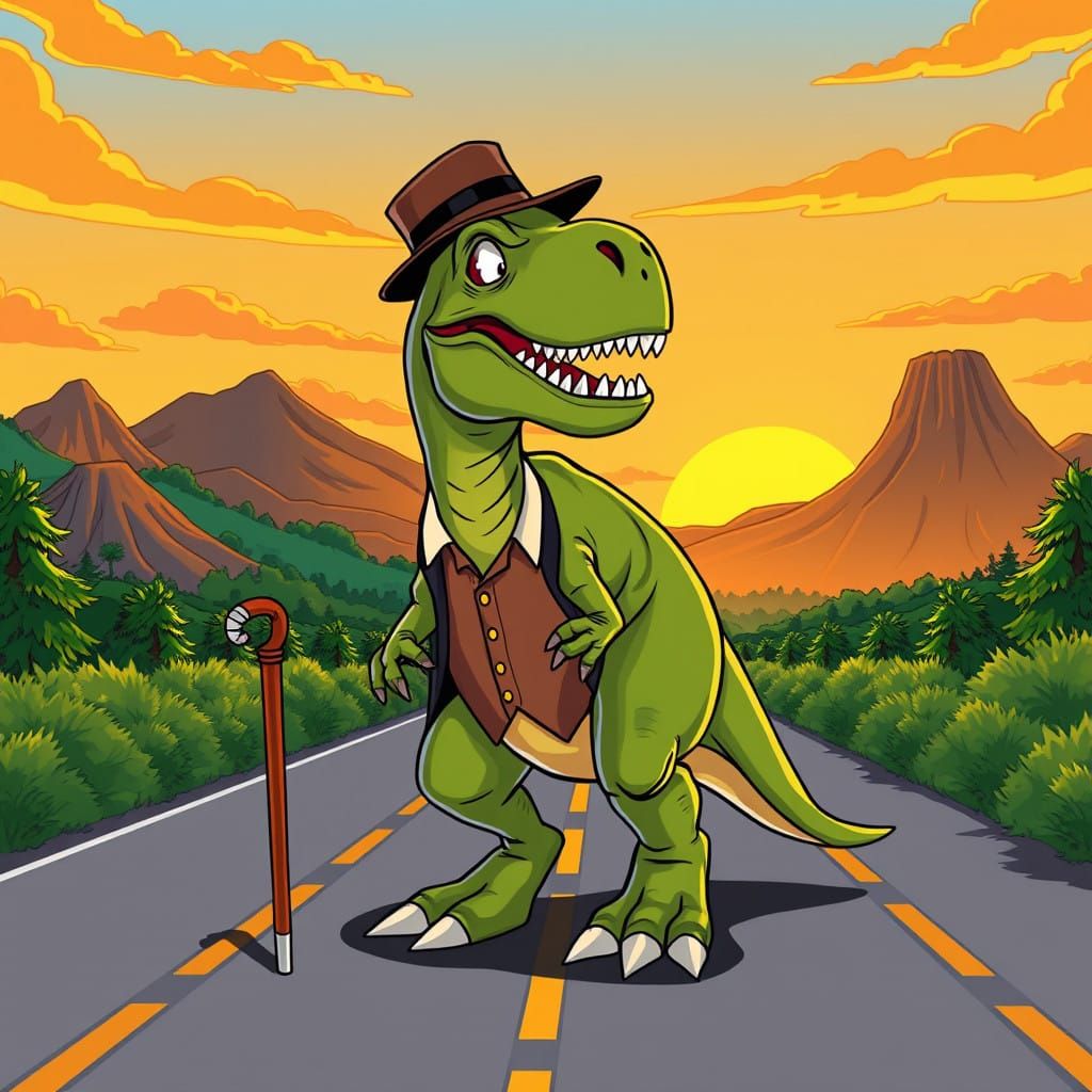 T Rex in Vintage Comic Style, Holding Cane with Smug Express...