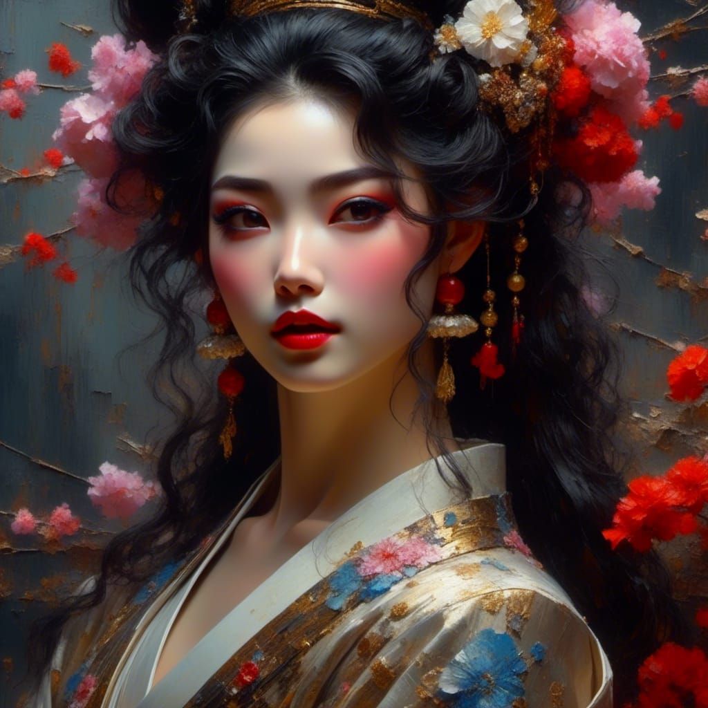 Hyperdetailed Geisha Portrait in Rococo Style