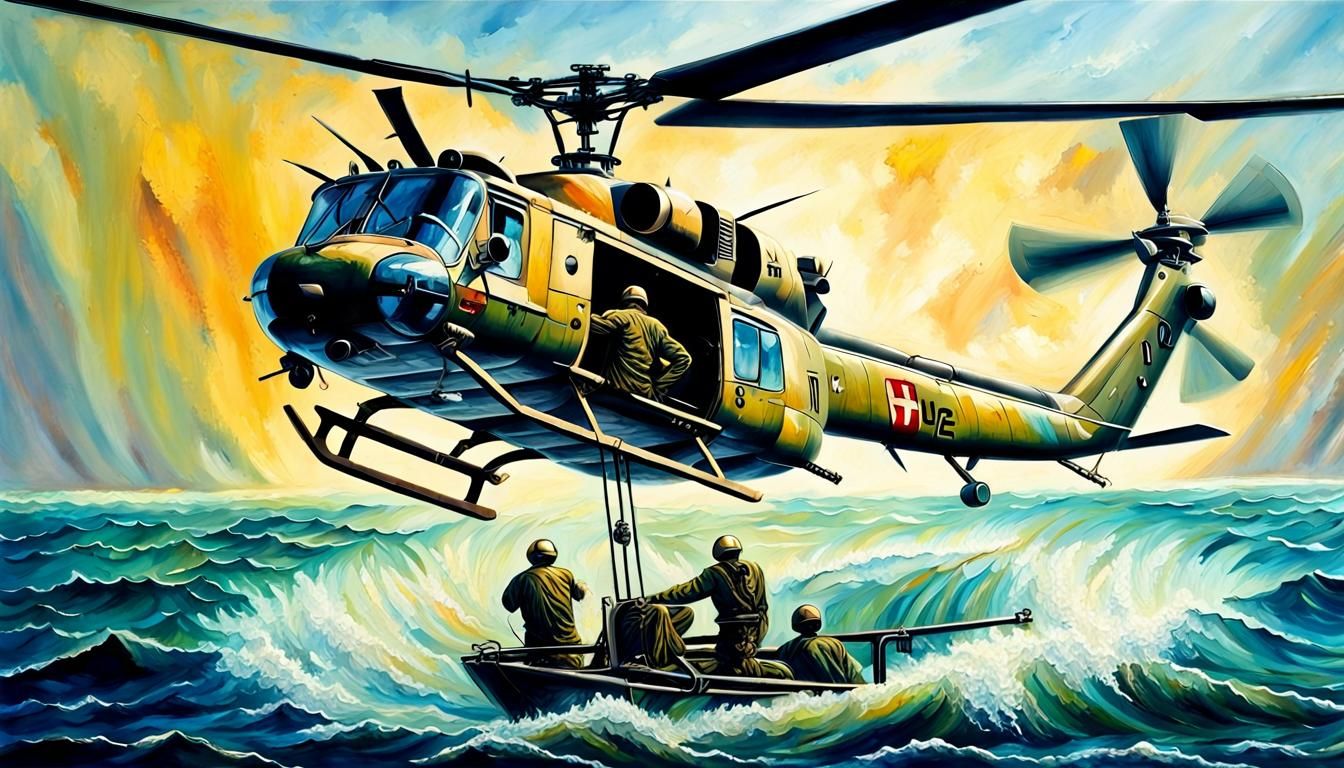 Huey Helicopter Rescues Survivor: Oil Painting