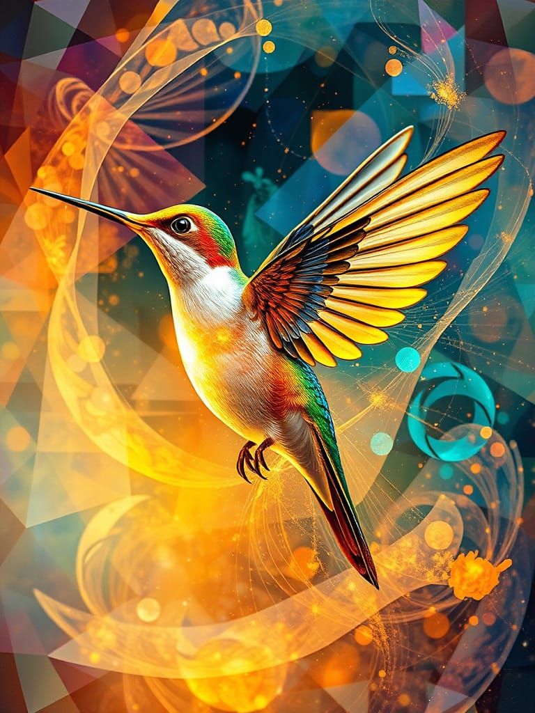 Ethereal Hummingbird in Vibrant Cosmic Landscape