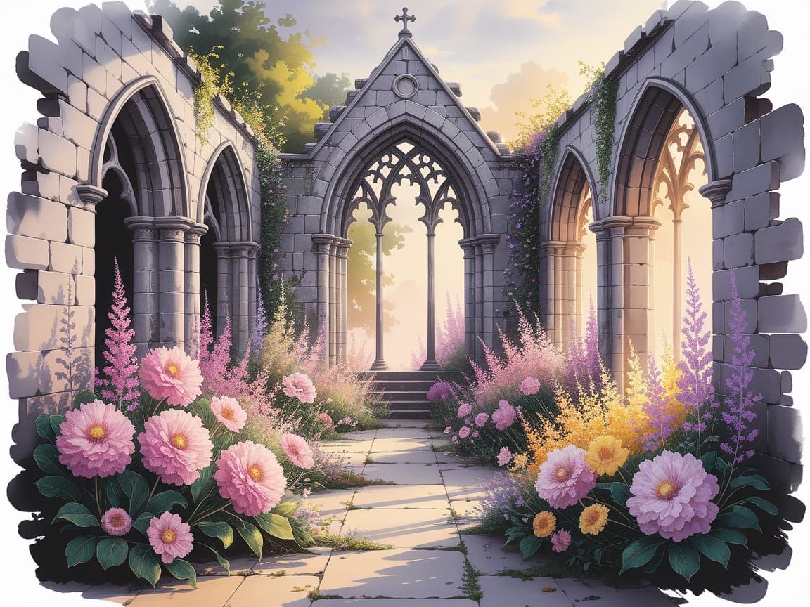 Magical Flower Garden in Gothic Ruins Watercolor