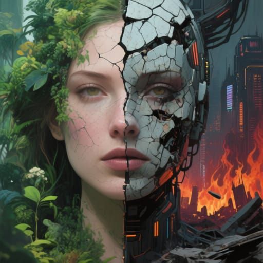 Split Face: Nature Harmony and Cyberpunk Dystopia