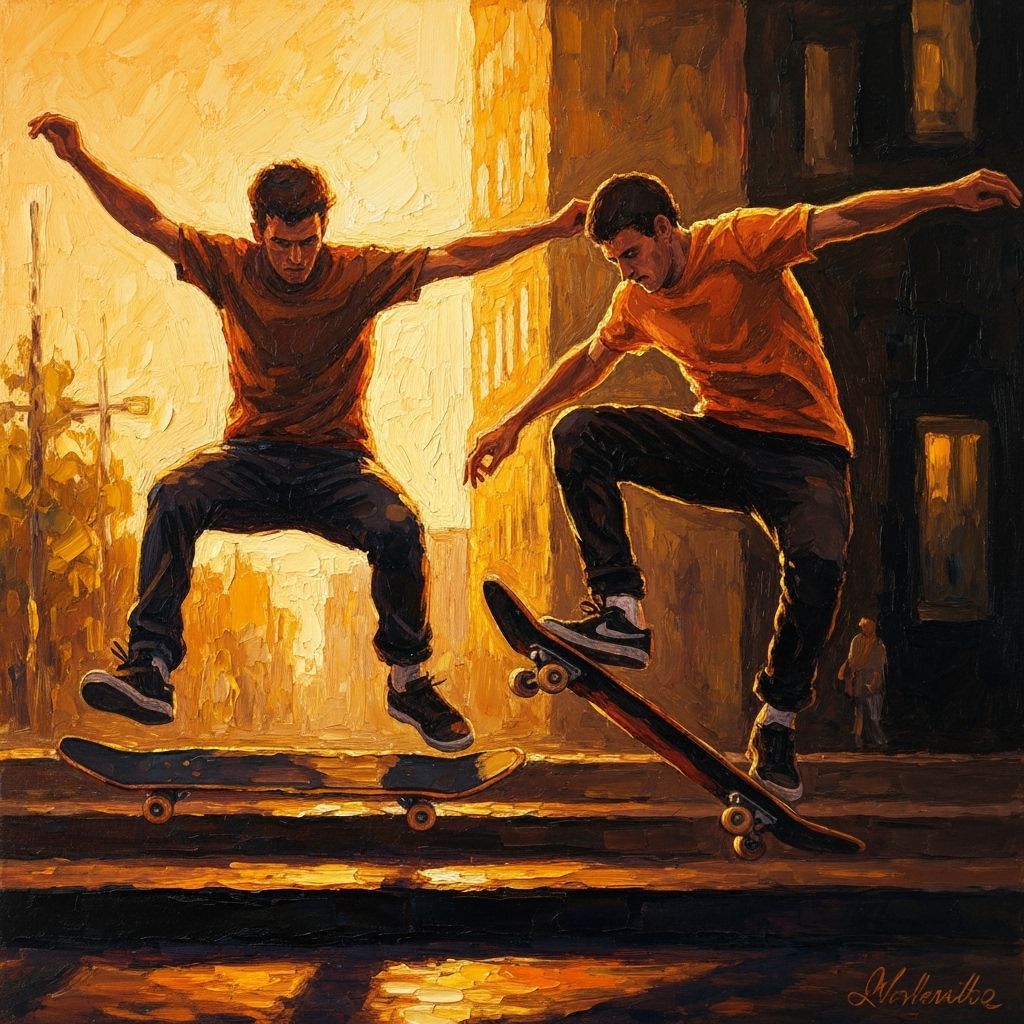 Impasto Skateboarders in Fiery Orange Hues