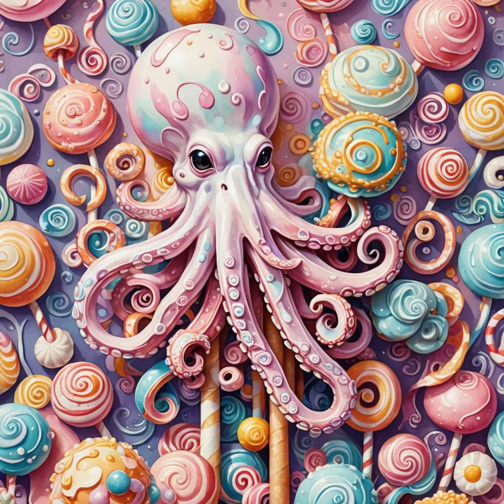 Meringue Nougat Octopus in Candyland Gouache Illustration