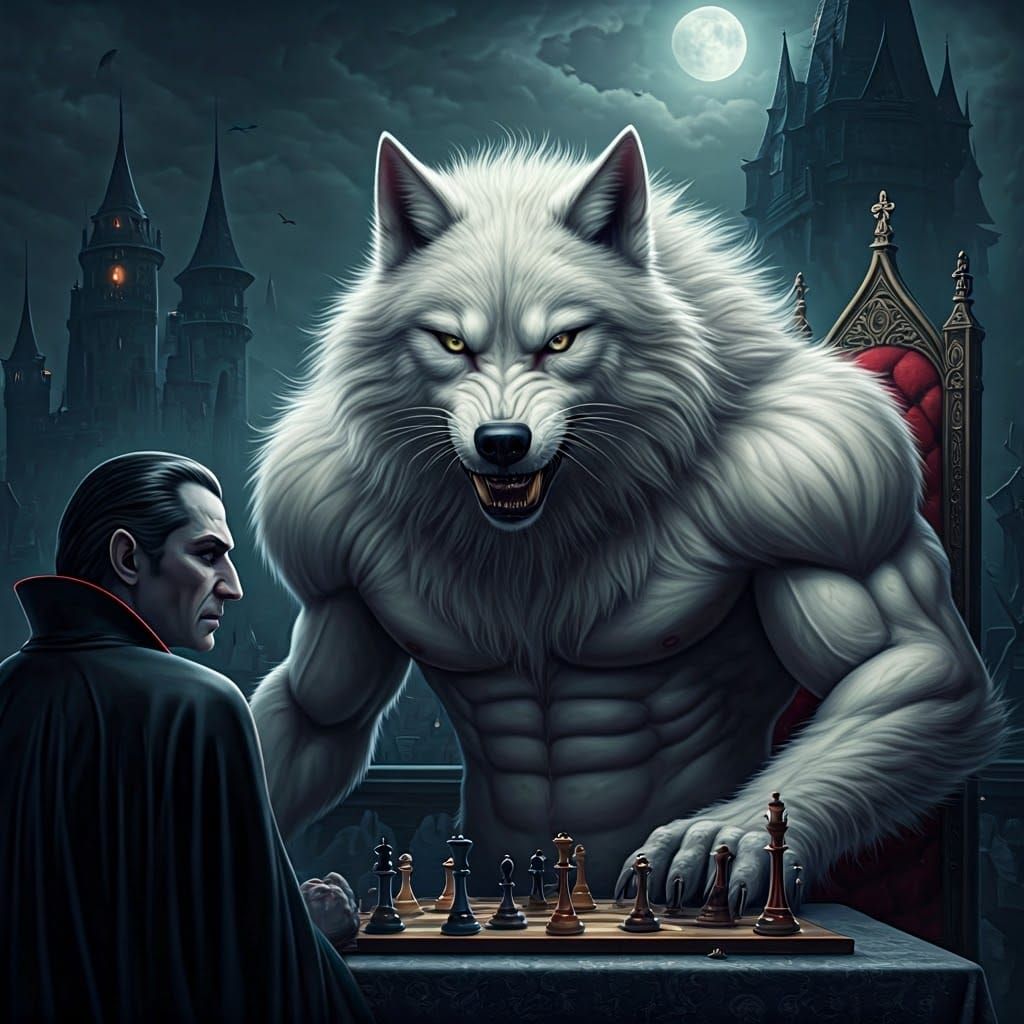 Werewolf Cat and Dracula Play Chess, Photorealistic Dark Fan...
