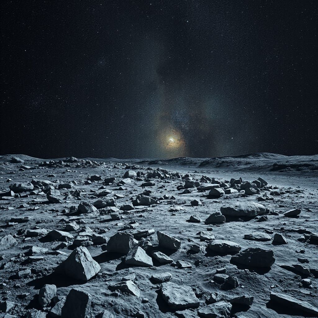 Desolate Lunar Landscape Under Starry Cosmic Sky