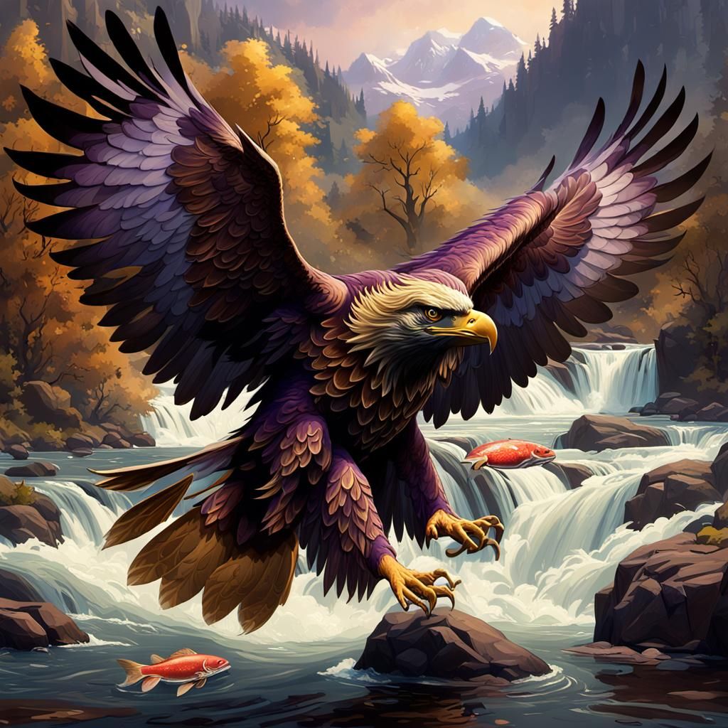 Brown Eagle Snatching Salmon: Dark Fantasy Art