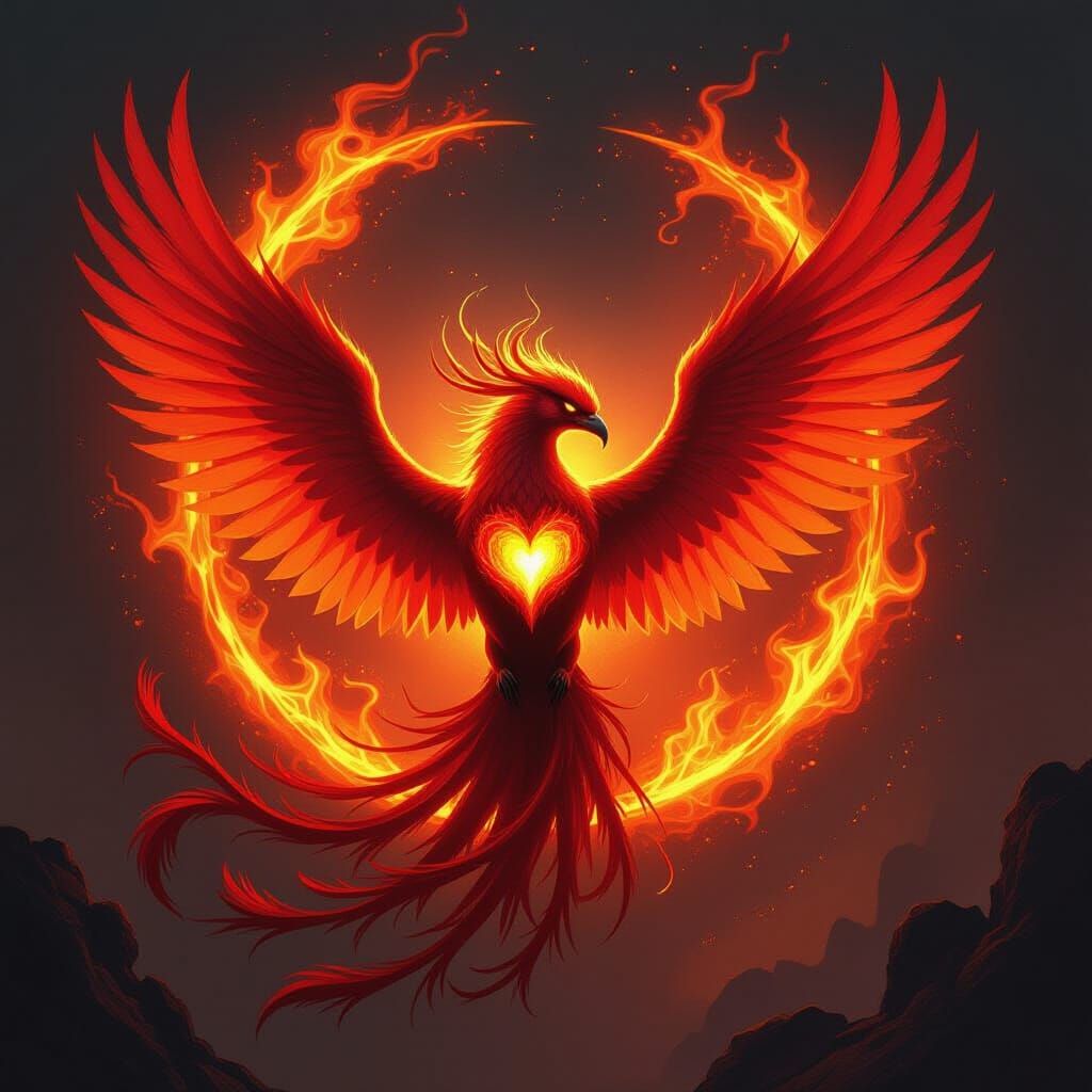 Fiery Demon Phoenix with Blazing Heart, Futuristic Style