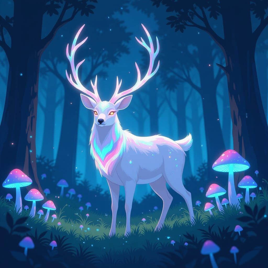 Mystical Deer with Bioluminescent Antlers in Anime Style