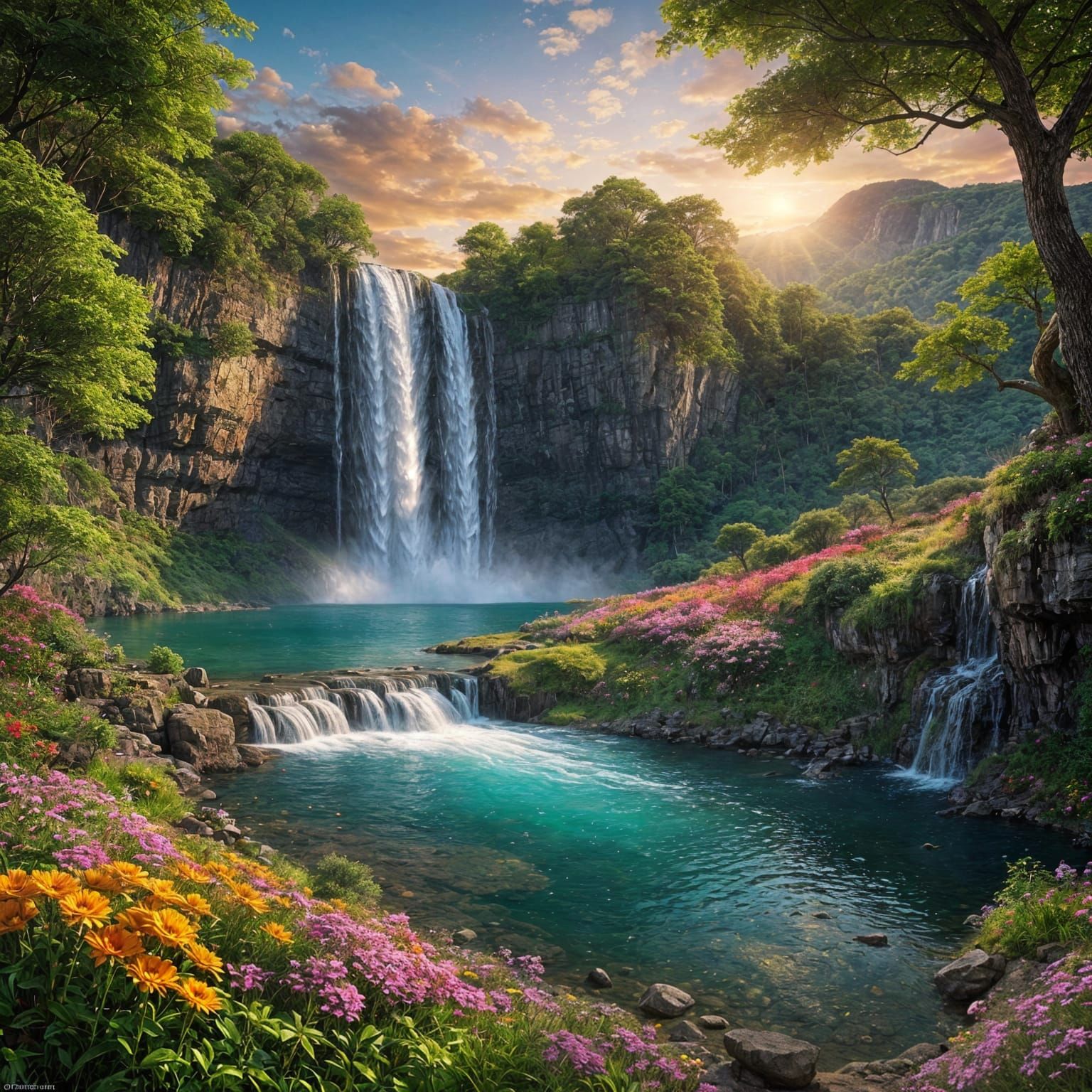 Spectacular Waterfall Sunset in Detailed Matte Painting
