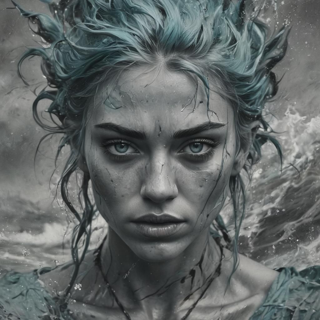 Intense Female Water Genasi Wizard in Charcoal Drawing