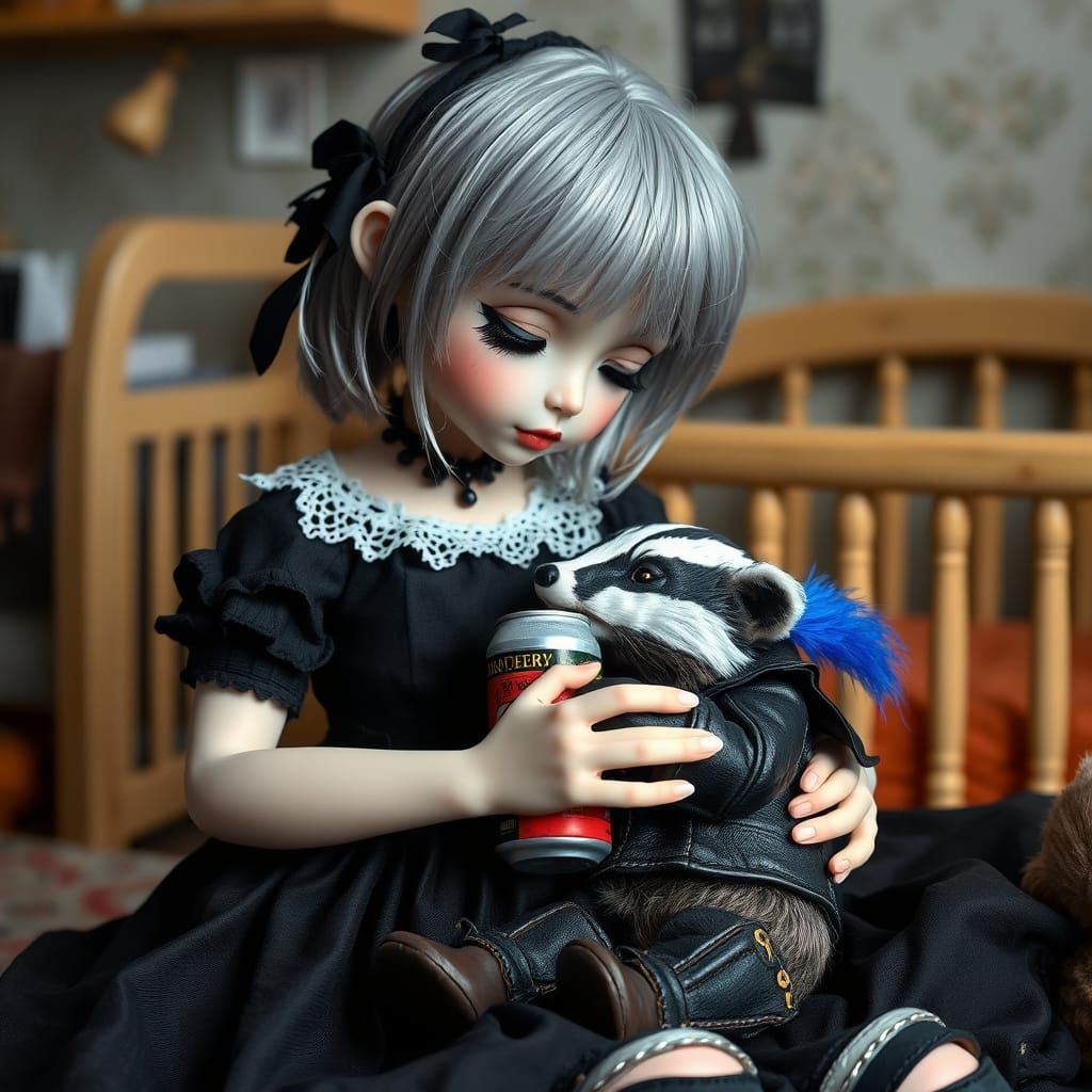 Maternal Punk Badger Scene with Gothic Doll