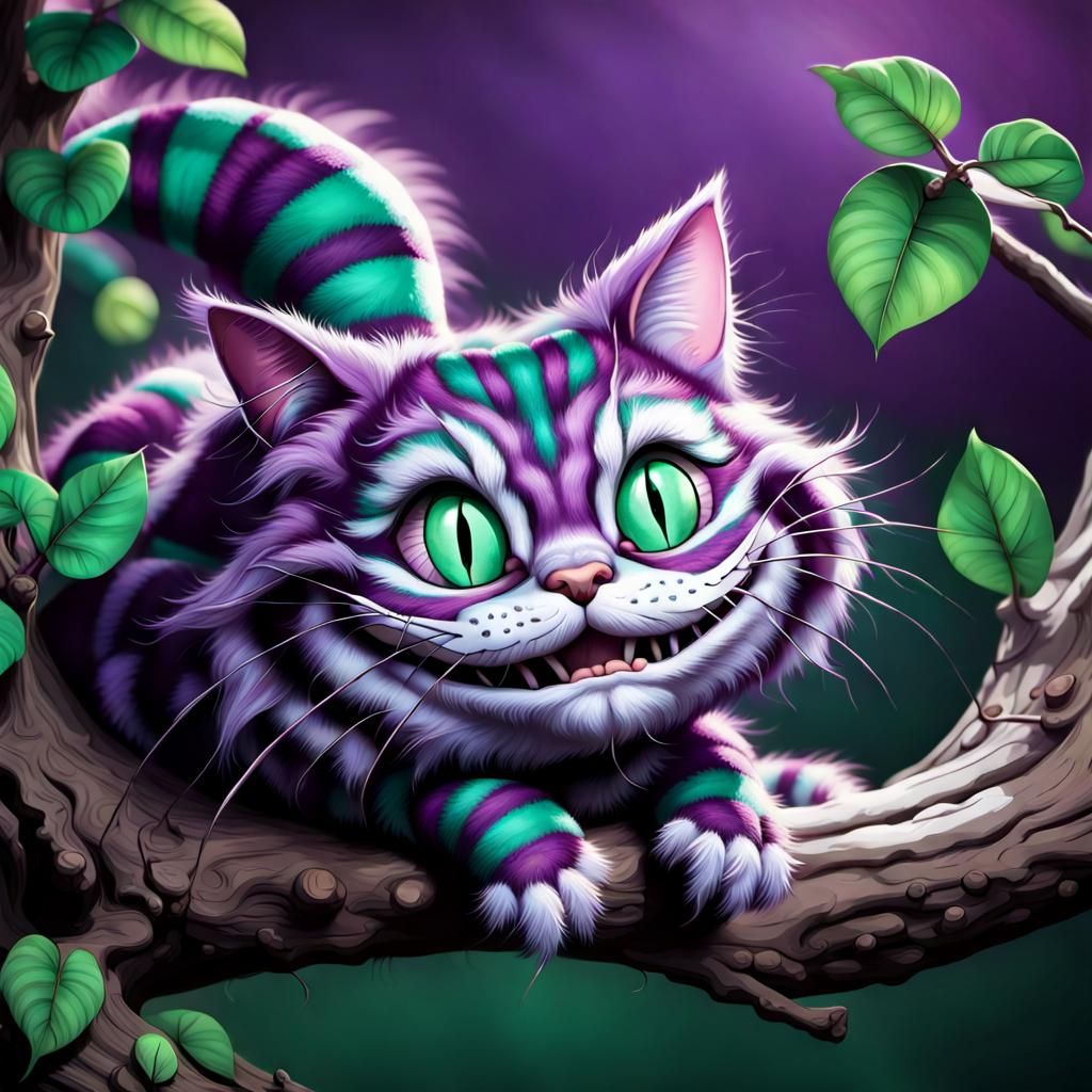 a Cheshire Cat lounging on a tree branch, its body a vibrant...