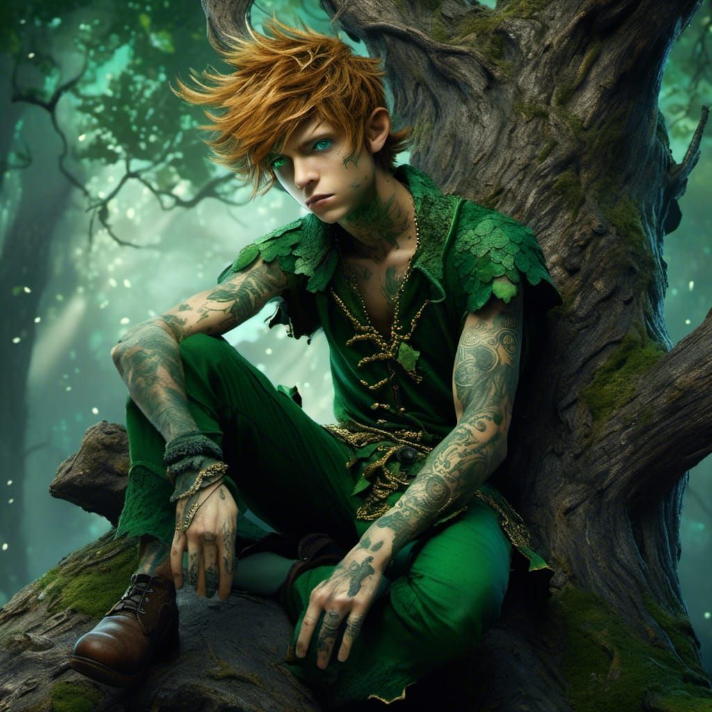 Hyperrealistic Peter Pan-Man with Golden Fae Tattoos
