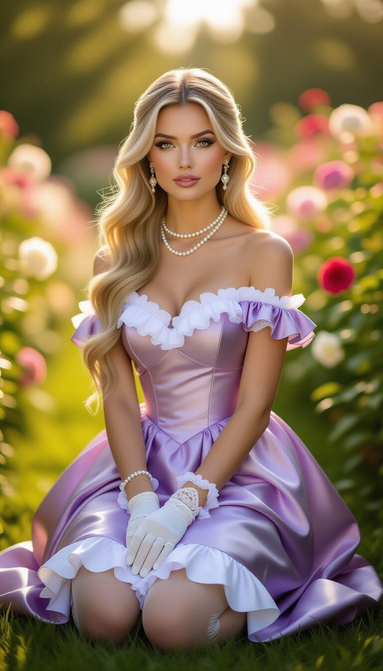 Elegant Woman in Bloom-Filled Garden, Fashion Editorial Styl...