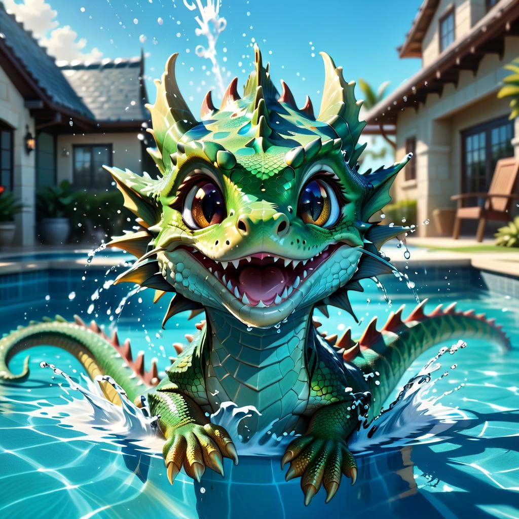 Joyful Water Dragon Splashing: Anime Style Portrait
