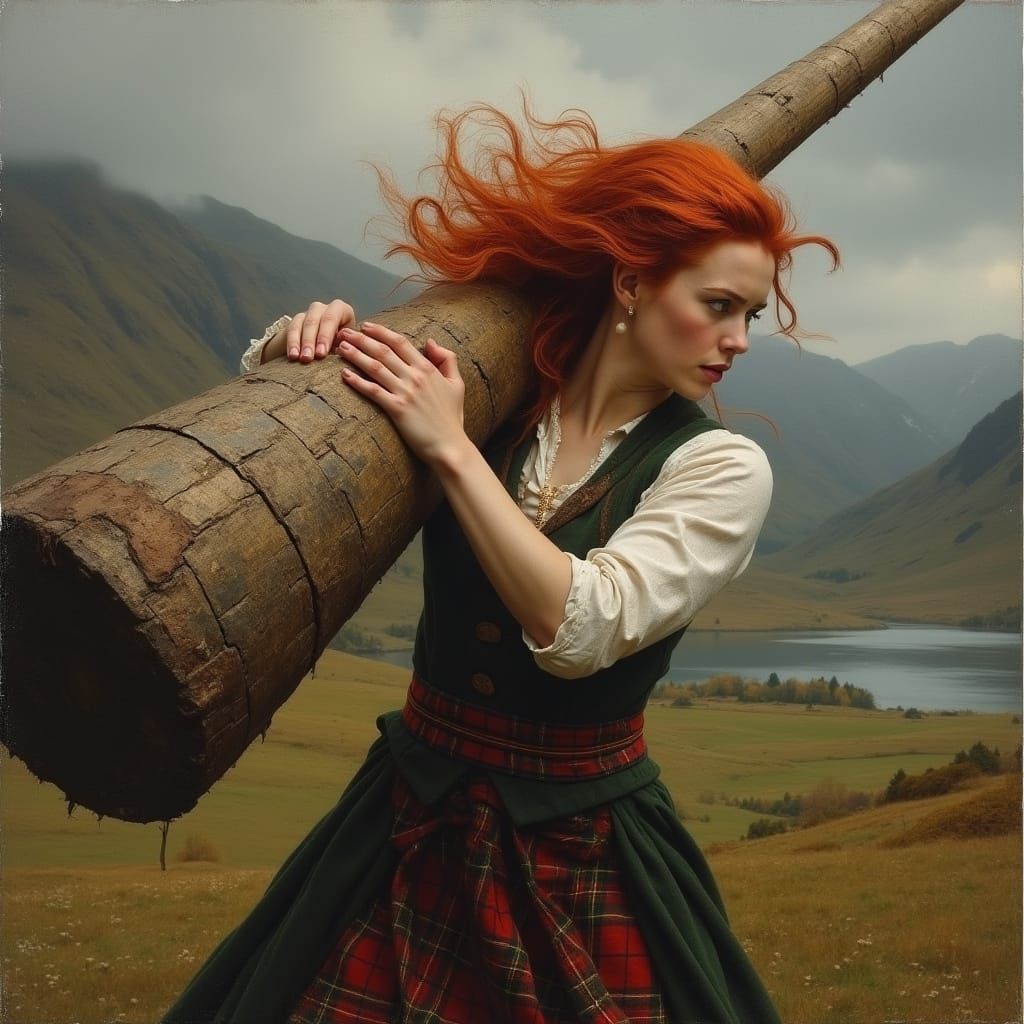 Fiery Redheaded Highland Lass Tosses Ancient Caber