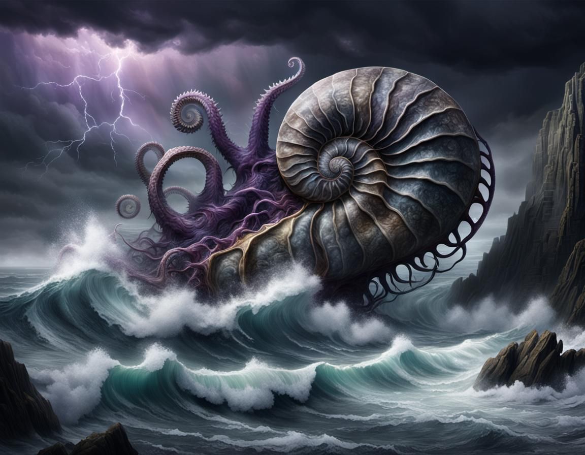 Giant Ammonite Emerges from Stormy Seas