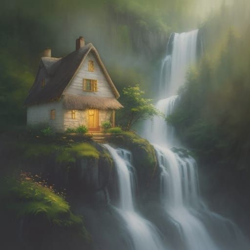 Cozy Cottage by Waterfall in Watercolor Style
