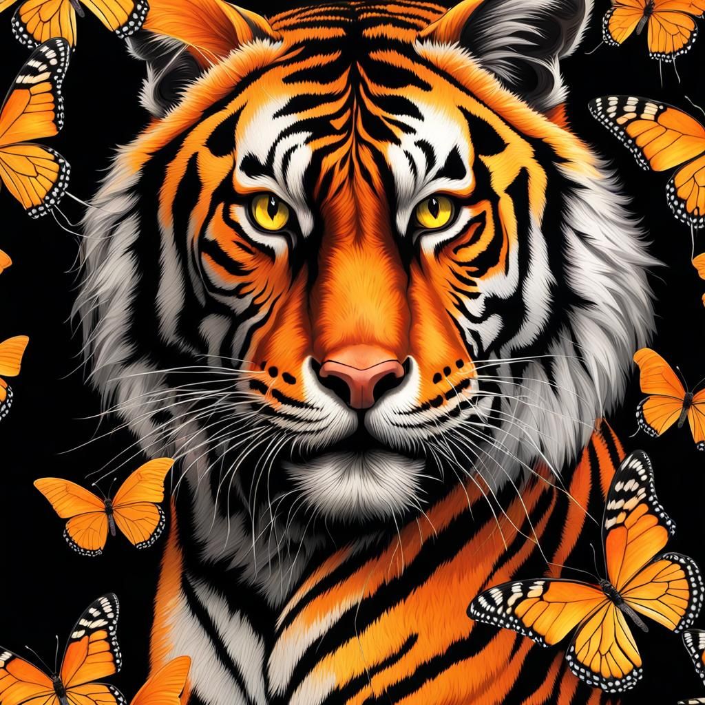 Electric Tiger with Butterflies on Black Background