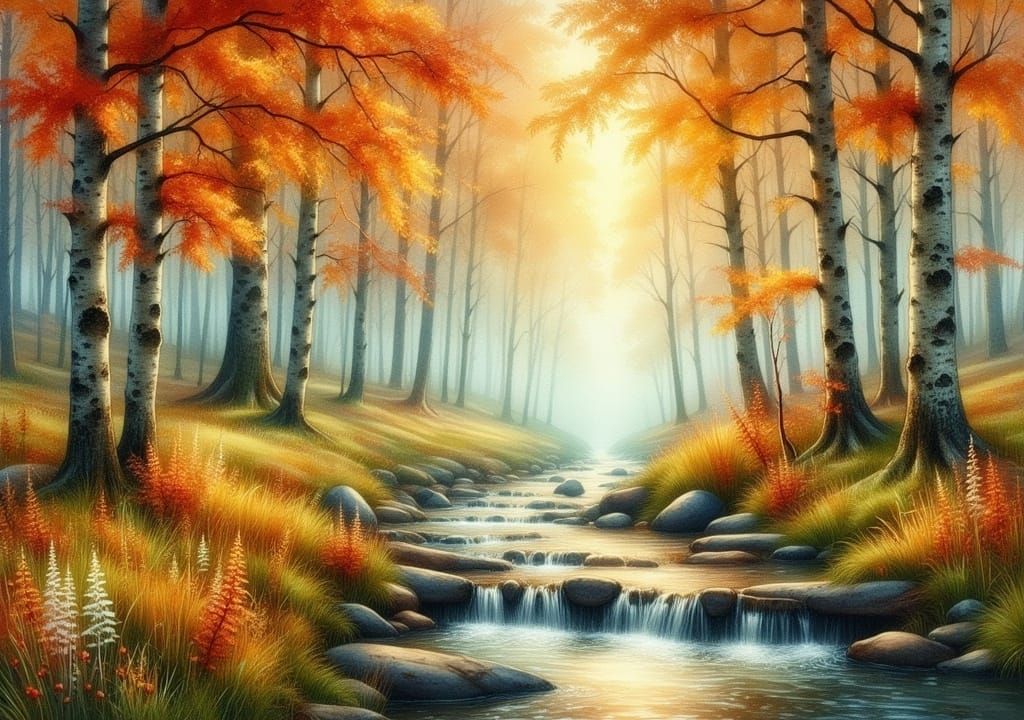 Autumnal Birch Forest Stream in Watercolor Style