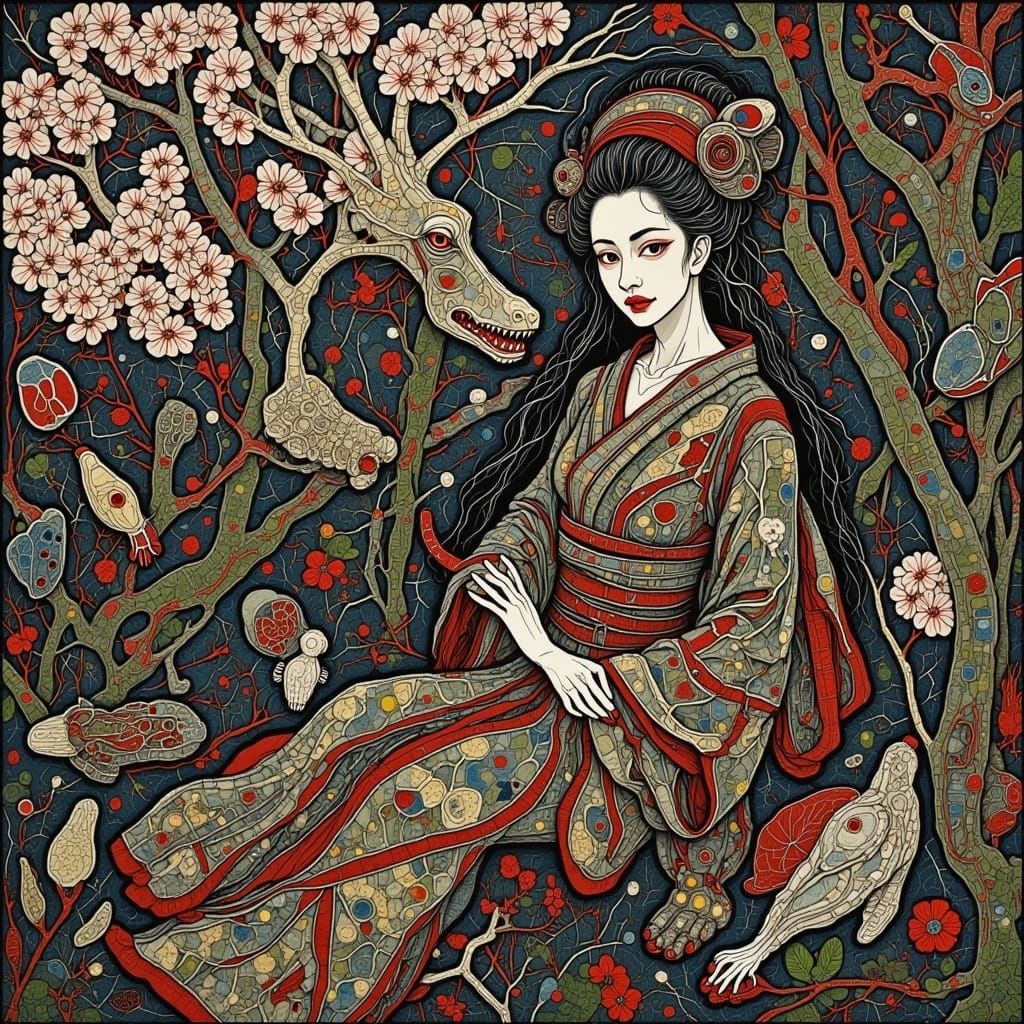 Geisha in Cherry Blossom Garden, Ukiyo-e Style