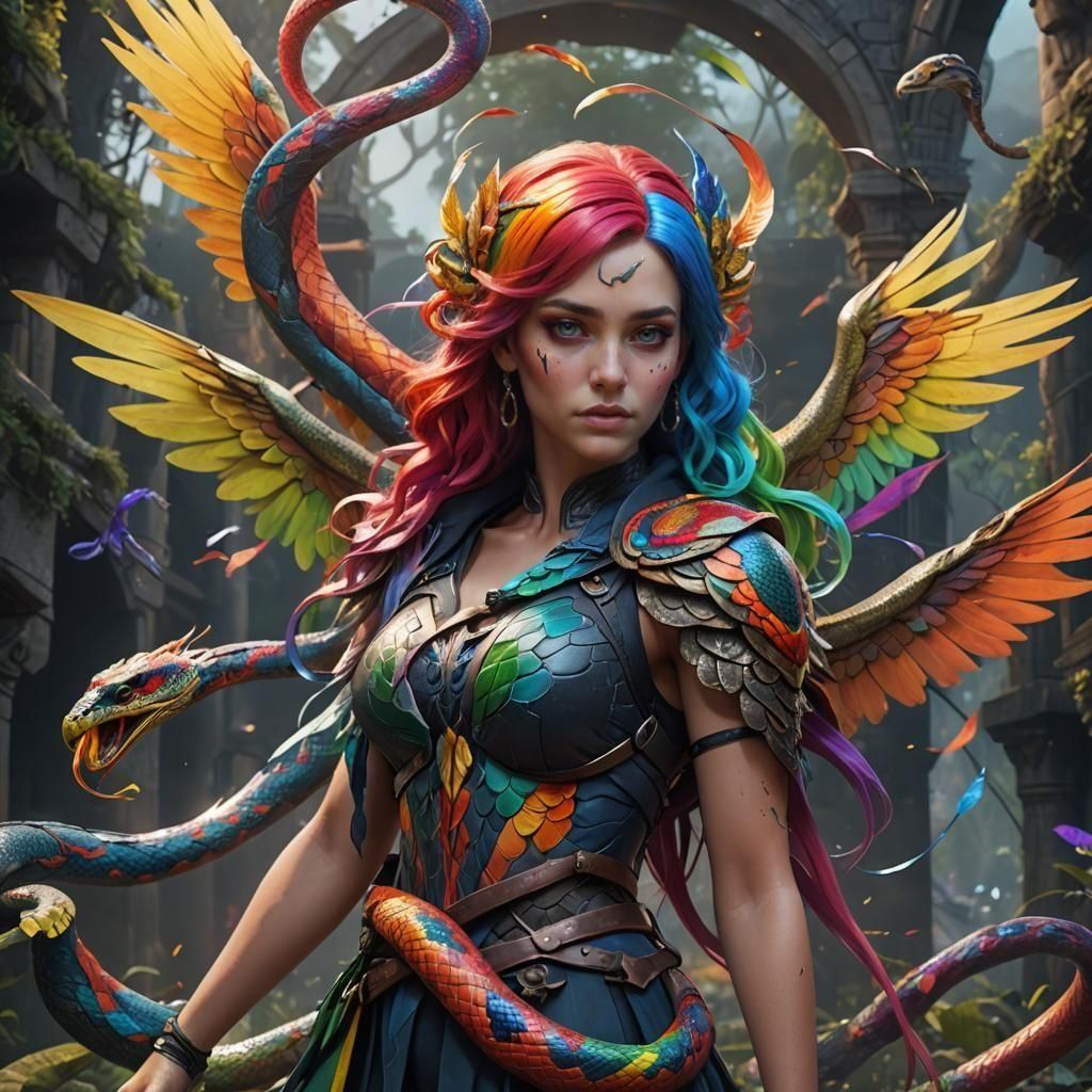Girl with Rainbow Hair and Snake, Fantasy Art