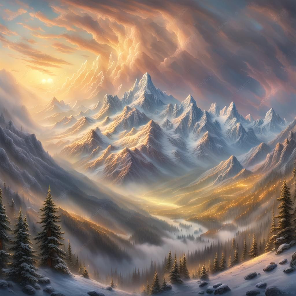 Ethereal Mountain Landscape in Magical Realism Style