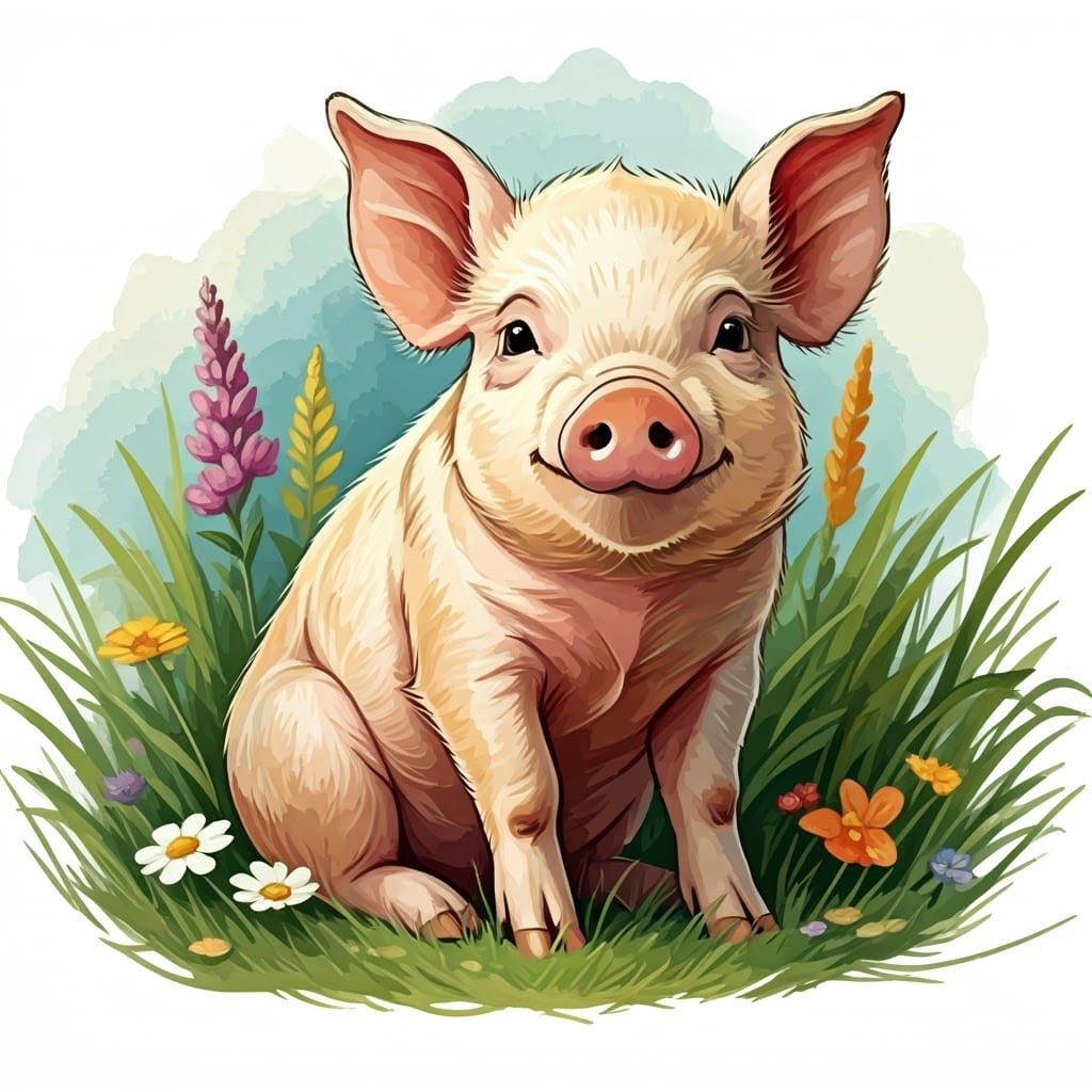 Whimsical Meadow Pig in Beatrix Potter Style