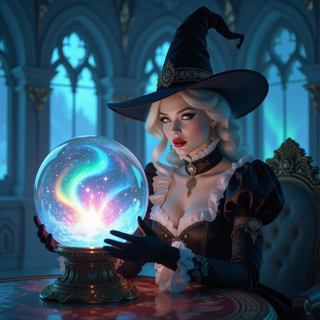 Albino Witch Gazing at Aurora Borealis Crystal Ball